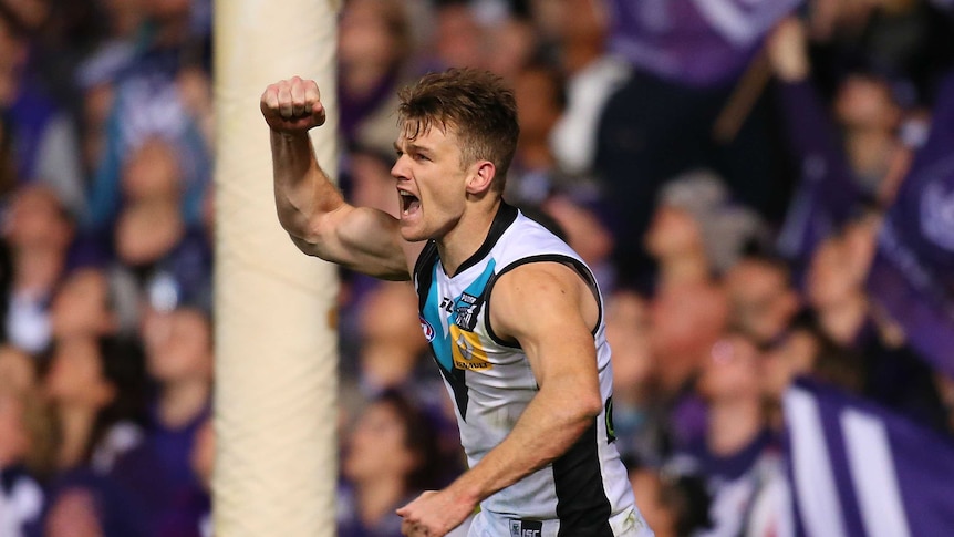 Port Adelaide's Robbie Gray celebrates a goal against Fremantle at Subiaco Oval.