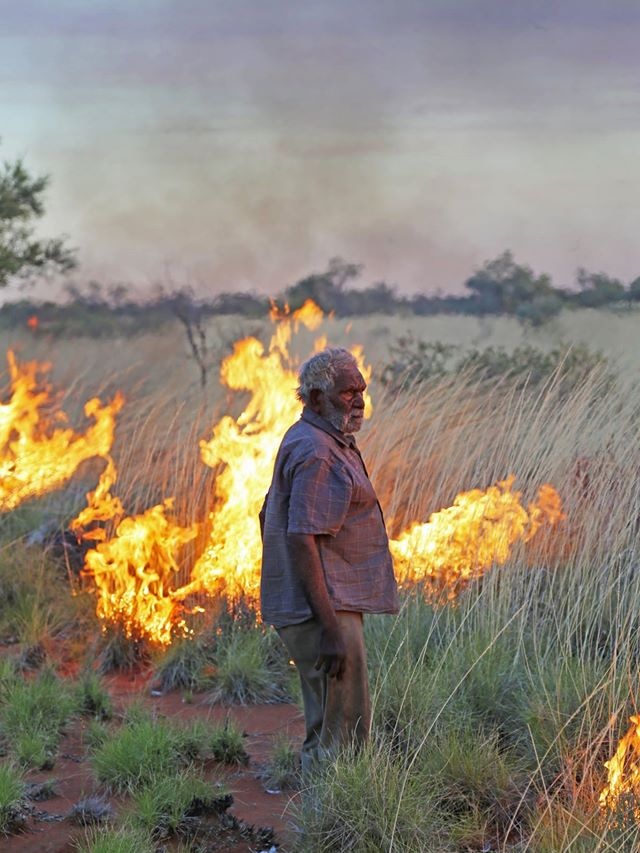 Traditional owner Joe Jangala Bird at a prescribed burn near the Kurlpurlunu rain-making sacred site