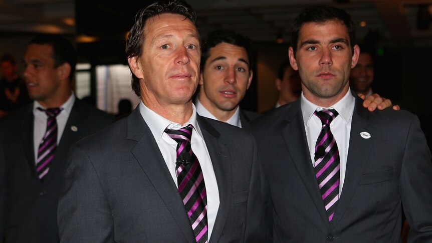 Storm coach Craig Bellamy, Billy Slater of the Storm and captain Cameron Smith