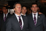 Storm coach Craig Bellamy, Billy Slater of the Storm and captain Cameron Smith