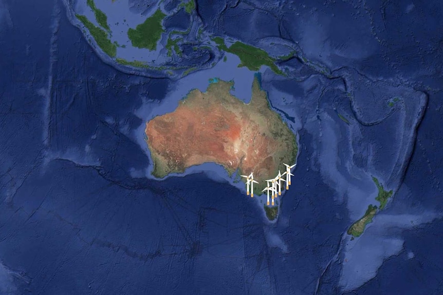Satellite map of Australia with offshore windturbines.
