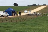 Crash investigators stand near the wreckage of a plane in a field beside a road.
