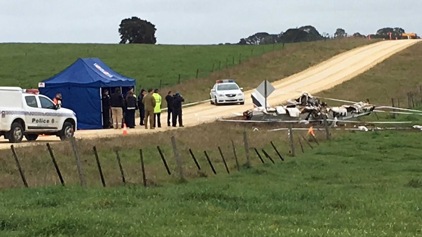 Crash investigators stand near the wreckage of a plane in a field beside a road.