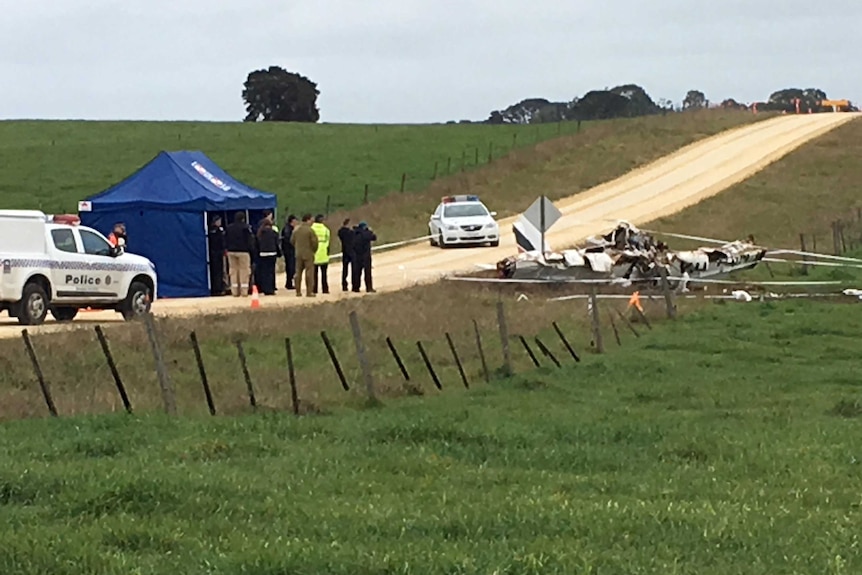 Crash investigators stand near the wreckage of a plane in a field beside a road.