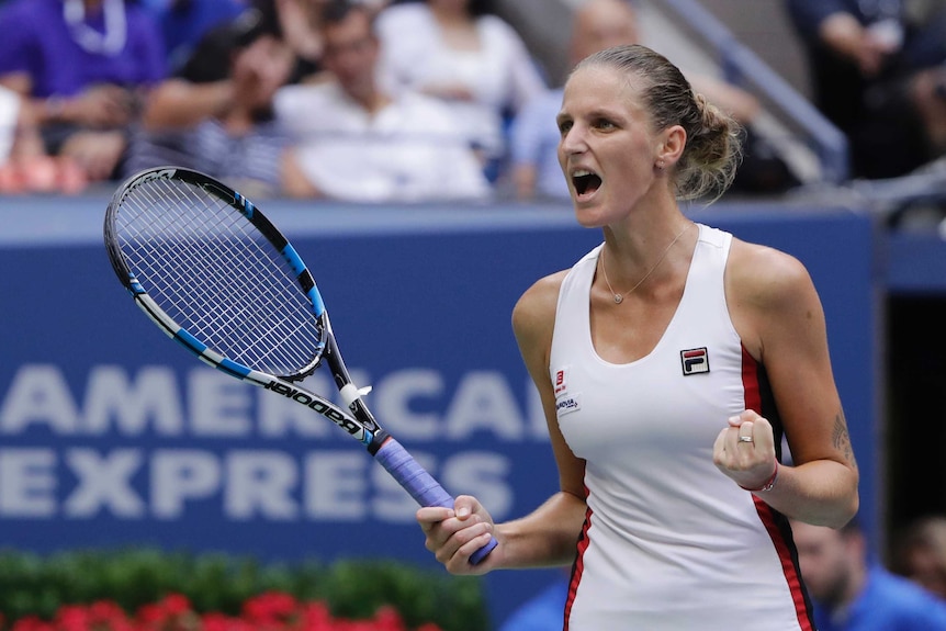 Czech Karolina Pliskova reacts after a point against Angelique Kerber in the US Open final.