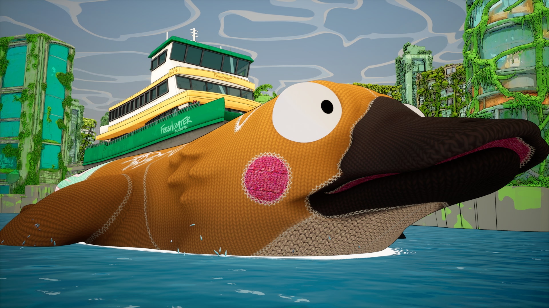 Fotograma de una película de un ornitorrinco gigante animado nadando a través de un río con un ferry verde y amarillo en su espalda.