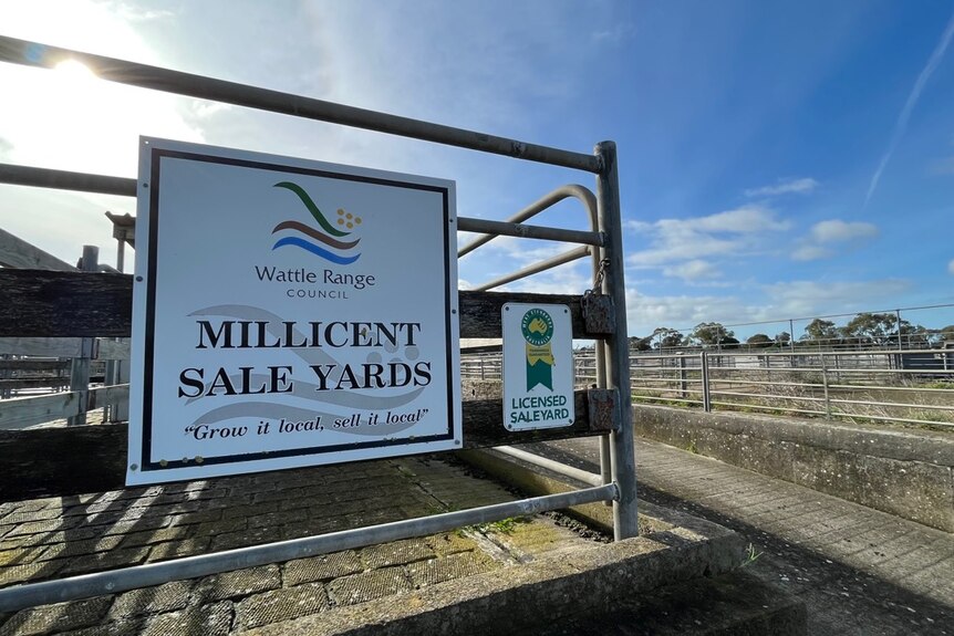 A sign that reads Millicent Saleyards in on the side of a fence. 