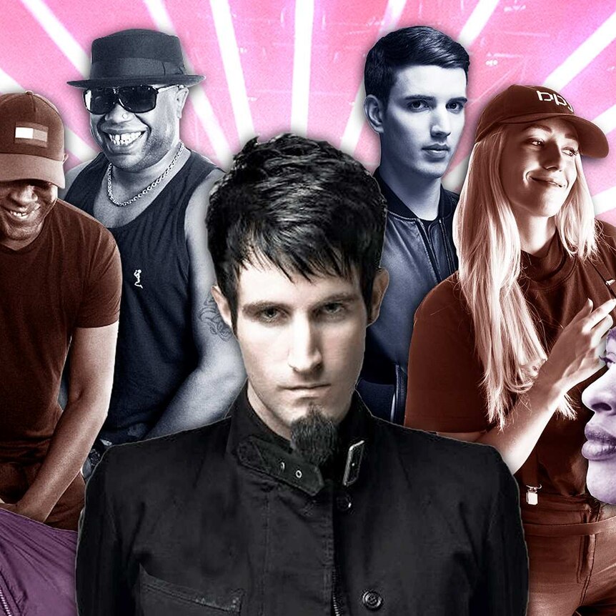 A collage image of Drum'n'Bass artists Andy C, Fabio & Grooverider, Pendulum, Netsky, Flava-D and Kemistry