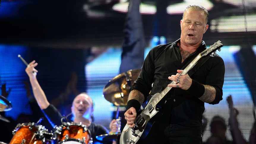 Lars Ulrich and James Hetfield of US metal band Metallica perform on the Pyramid Stage at Glastonbury festival