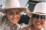 Ariana Varischetti is pictured next to another young woman at a rodeo, a camper van and a horse are visible behind