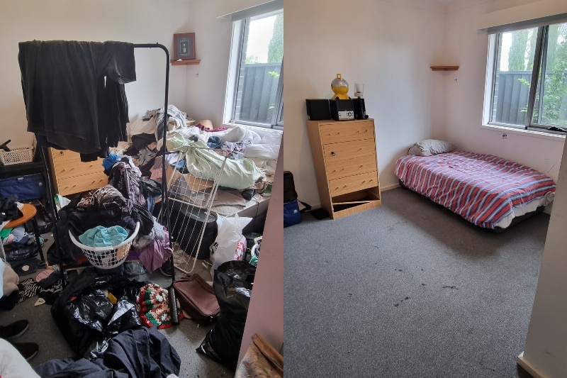 A composite of two photos: the first is a bedroom completely covered in clothes. The second is a tidy room with a bed and draws.