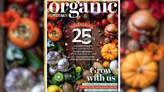 Image of a magazine cover with a variety of vegetables on it that reads 'organic gardener'.