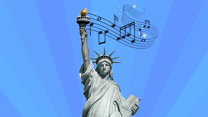 The statue of liberty stands against a purple background, with musical notes erupting from her torch