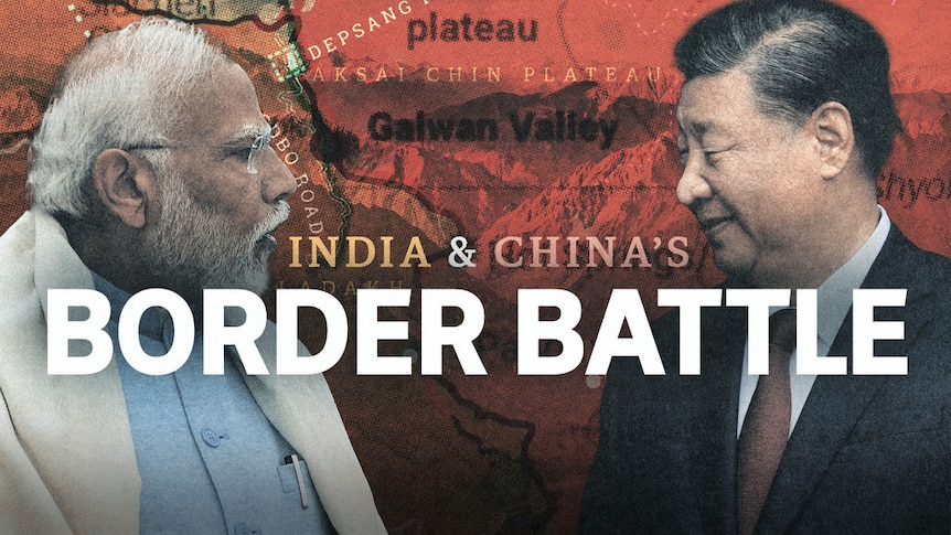 India & China's Border Battle: Graphic of Xi Jinping and Narendra Modi facing off against the backdrop of a map with a red hue.