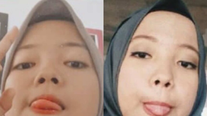 A photo of Nadia and Nabila next to each other with the same impression, wearing a headscarf.