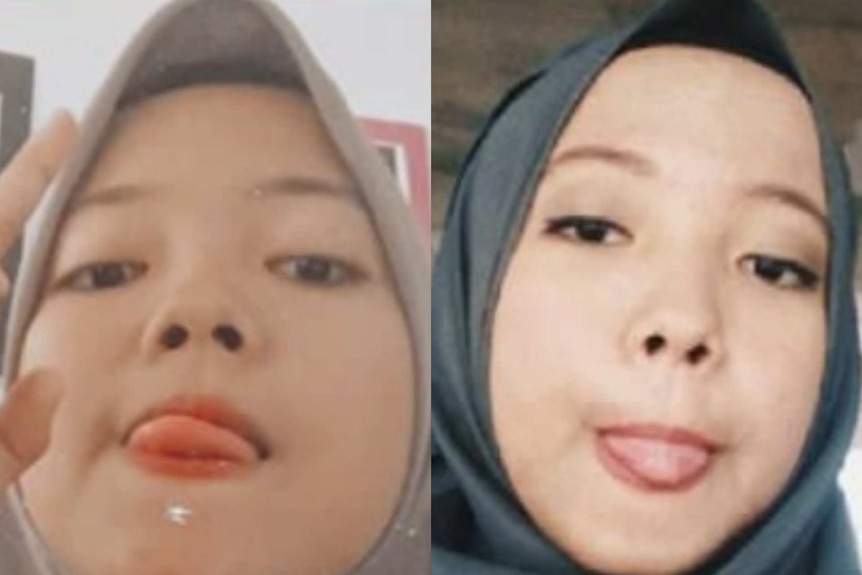 A photo of Nadia and Nabila next to each other with the same impression, wearing a headscarf.