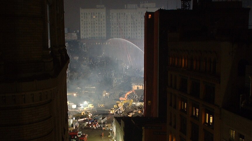 Ground Zero is seen from the roof of 110 Greenwich Street in New York after the September 11 terrorist attacks in 2001.