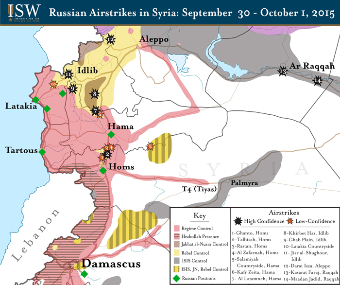 Russia's second round of air strikes hit near Homs, Idlib and Raqqa, according to the Institute for the Study of War.