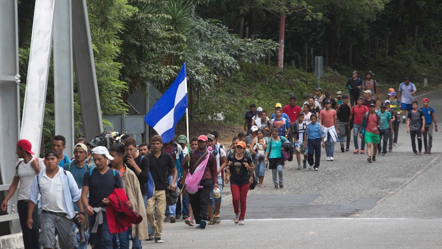 A group of migrants walk along roadside carrying Honduran flag