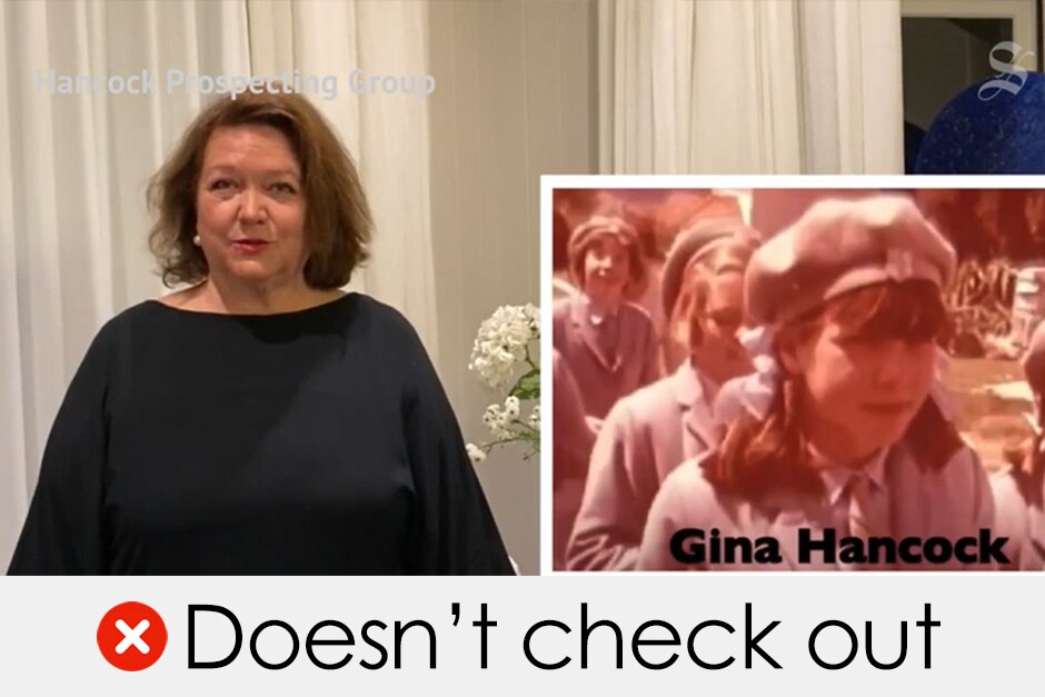 A screengrab of Gina Rinehart giving a speech with a small photo of her young self superimposed. Verdict: "doesn't check out"