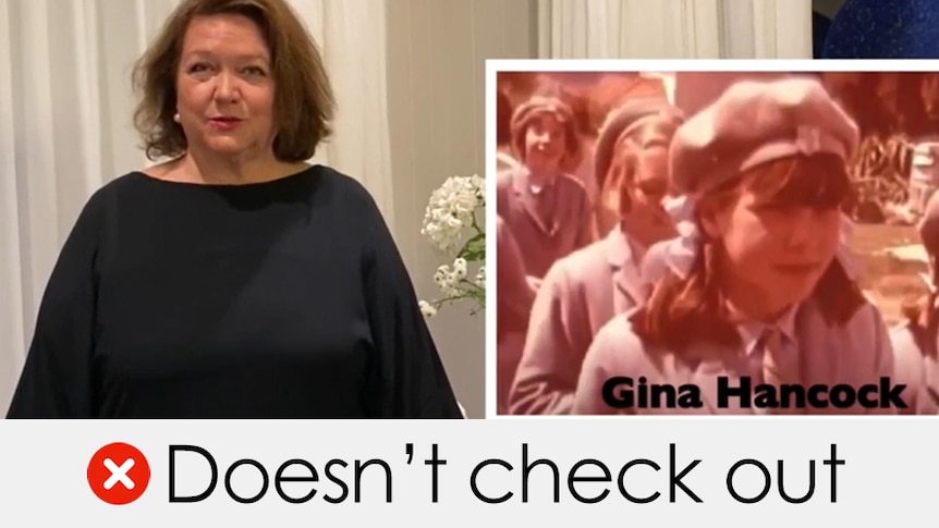 A screengrab of Gina Rinehart giving a speech with a small photo of her young self superimposed. Verdict: "doesn't check out"