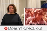 A screengrab of Gina Rinehart giving a speech with a small photo of her young self superimposed. Verdict: "doesn't check out"