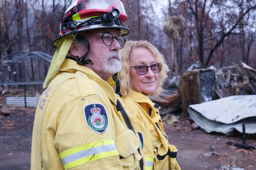 RFS volunteers Tony Larkings and Vicki Redmond at the site of their home in Pericoe