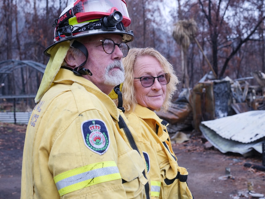 RFS volunteers Tony Larkings and Vicki Redmond at the site of their home in Pericoe