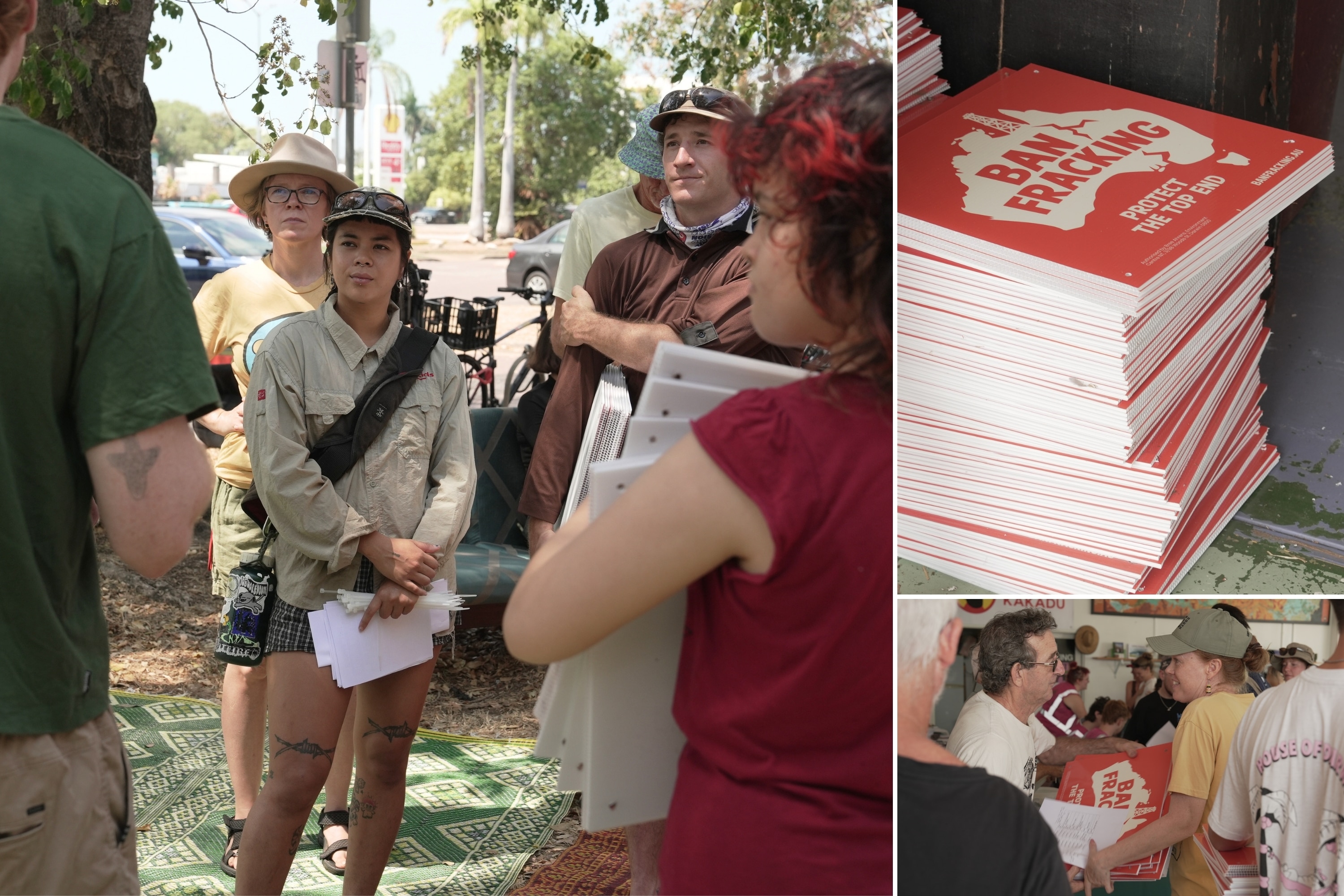 A collage shows people collecting red BAN FRACKING placards at a community rally.