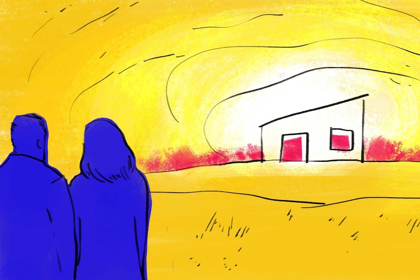 Drawing of two people watching a fire near a house for a story about bushfire survivor stories.