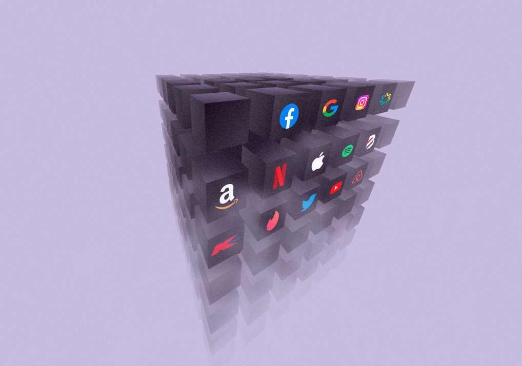 A number of 3D black boxes with well-known corporate logos on a purple background