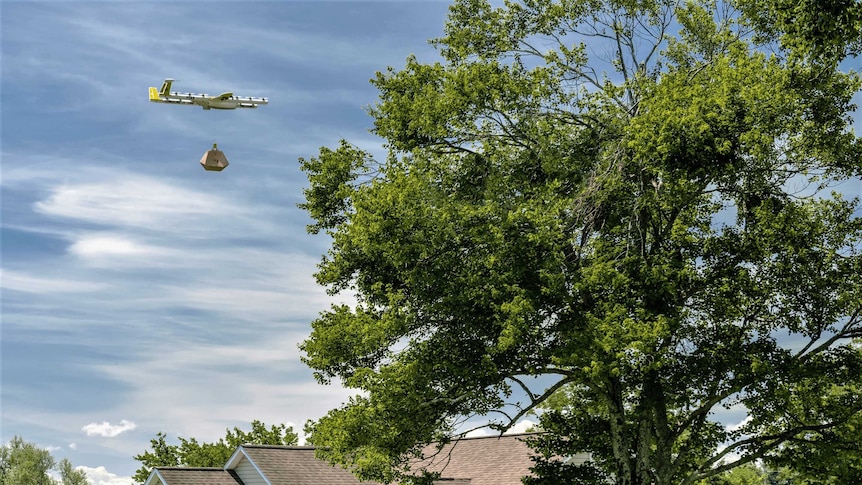 A drone with a package flies next to a tree and a house.