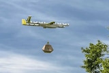 A drone with a package flies next to a tree and a house.