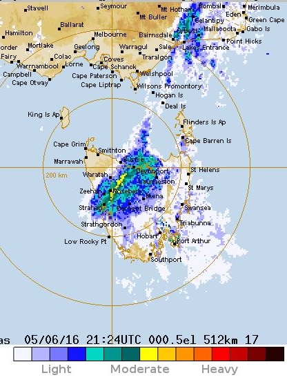 BOM - radar over NW Tasmania showing rain rate 8am. June 6, 2015.