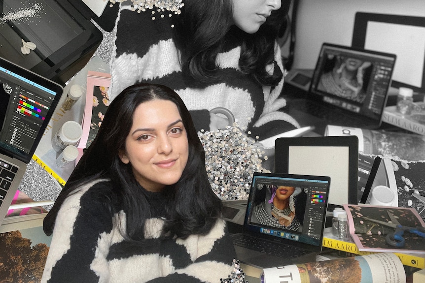 A woman with long black hair sits in front of a laptop computer with a collage background.