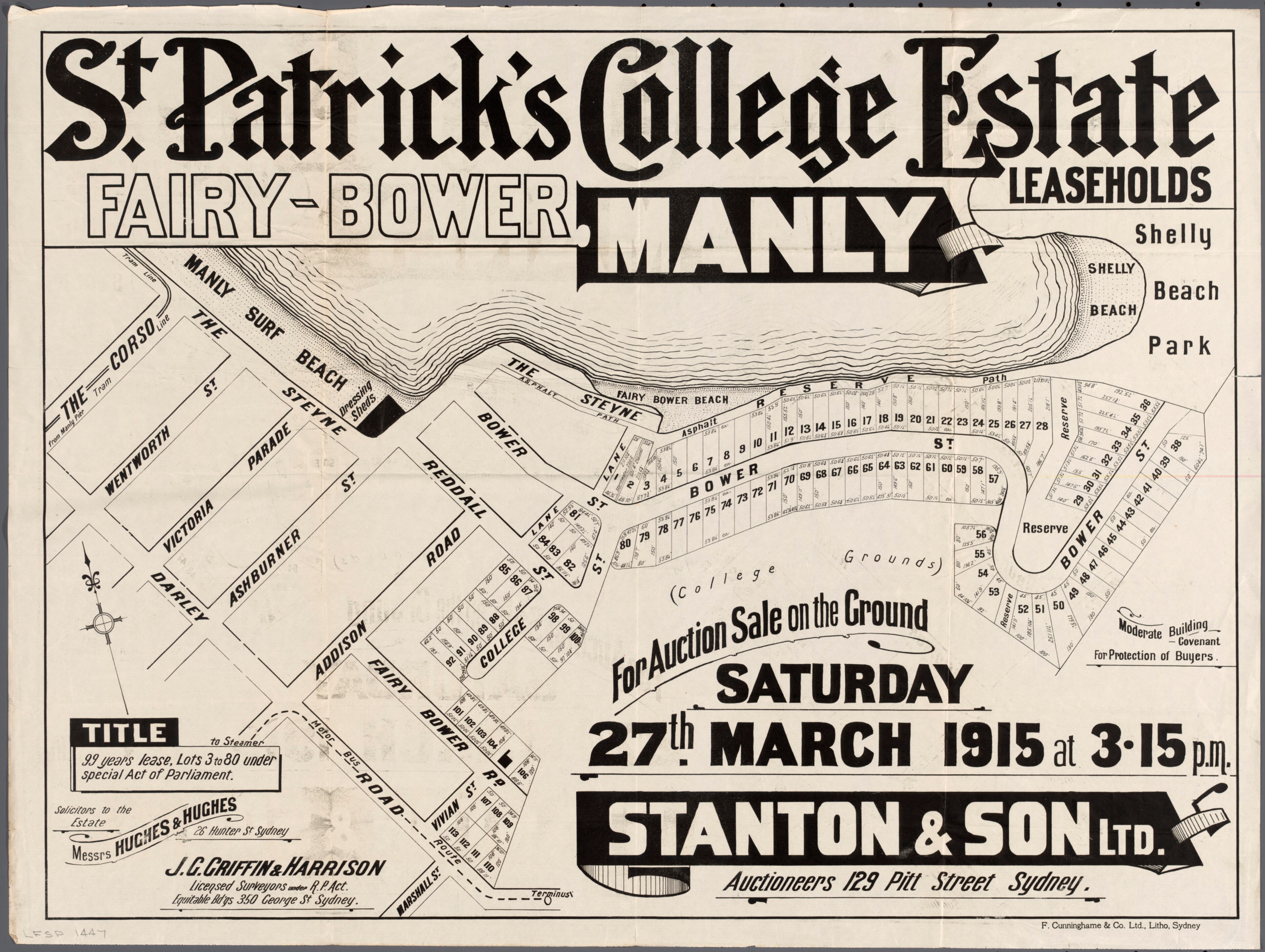 A historic poster advertising the auctioning of land for leaseholds in Fairy Bower, Manly in 1915.