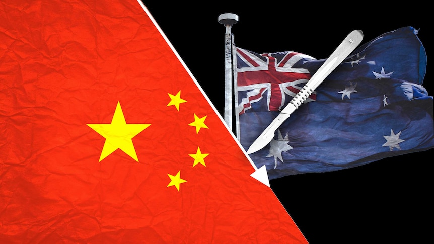 Graphic showing Chinese and Australian flags with investment arrow down and scalpel.