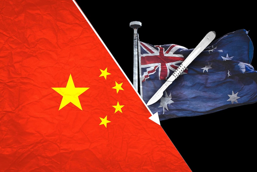 Graphic showing Chinese and Australian flags with investment arrow down and scalpel.