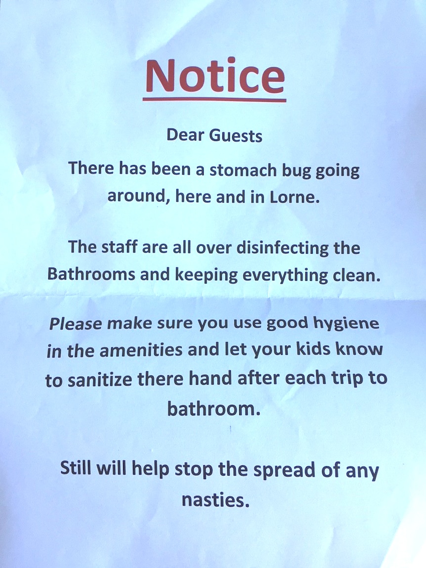 A poster warning campers of a gastro outbreak at the Wye River caravan park.
