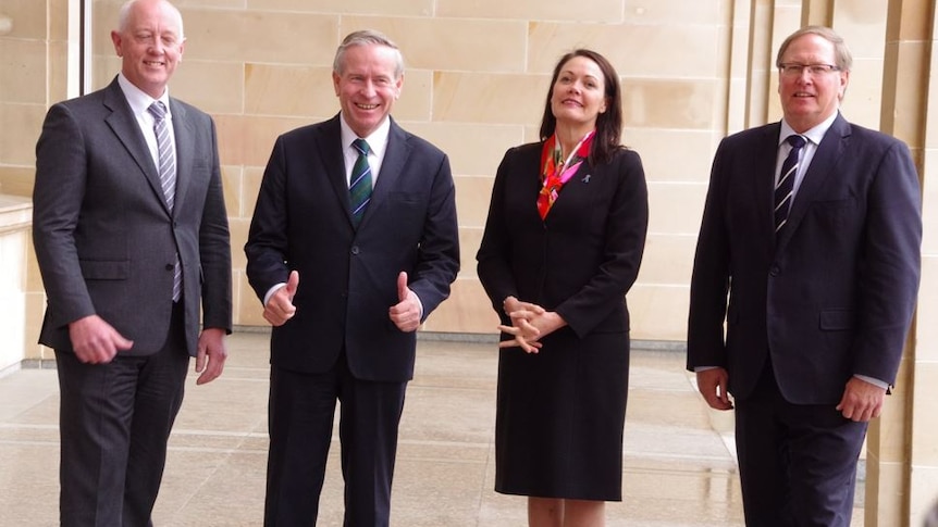 New Cabinet ministers Paul Miles, Minister for Local Government (l), Premier Colin Barnett, Deputy Premier Liza Harvey, Mark Lewis, Minister for Agriculture 22 September 2015