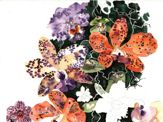 A painting of some flowers, featuring orange, lilac and dark green.