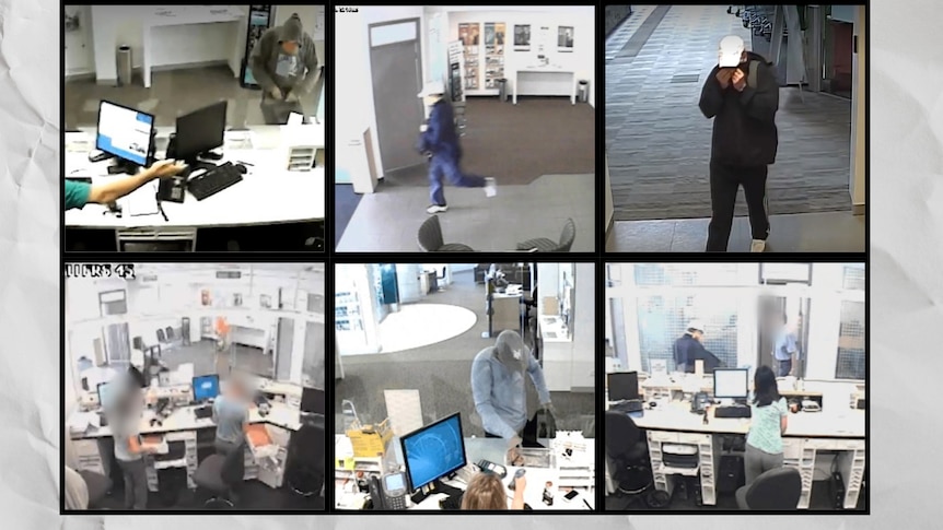 A collage of CCTV showing a man robbing banks