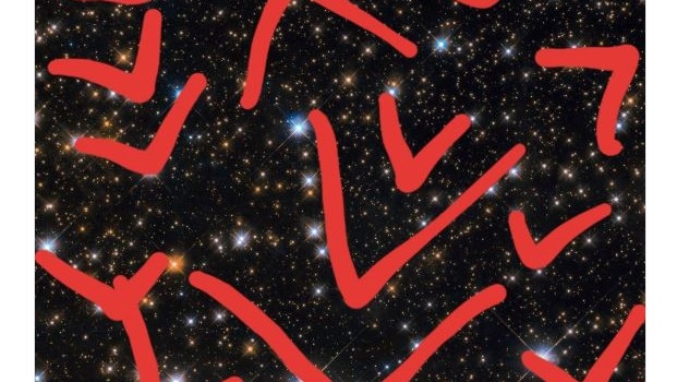 A starry background with several red Vs drawn over the top.