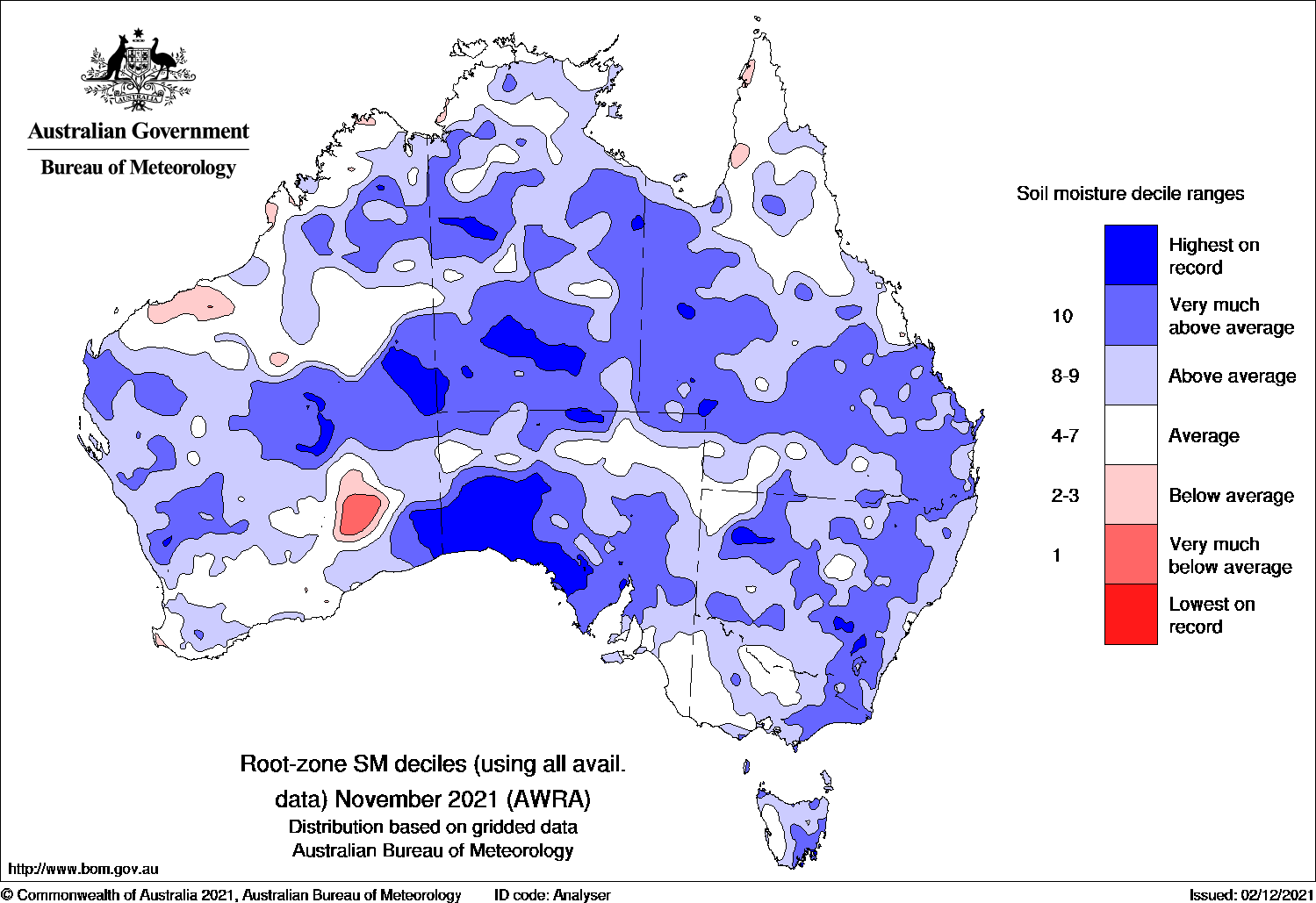 Map of Australia mostly covered in blue indicating above average soil moisture