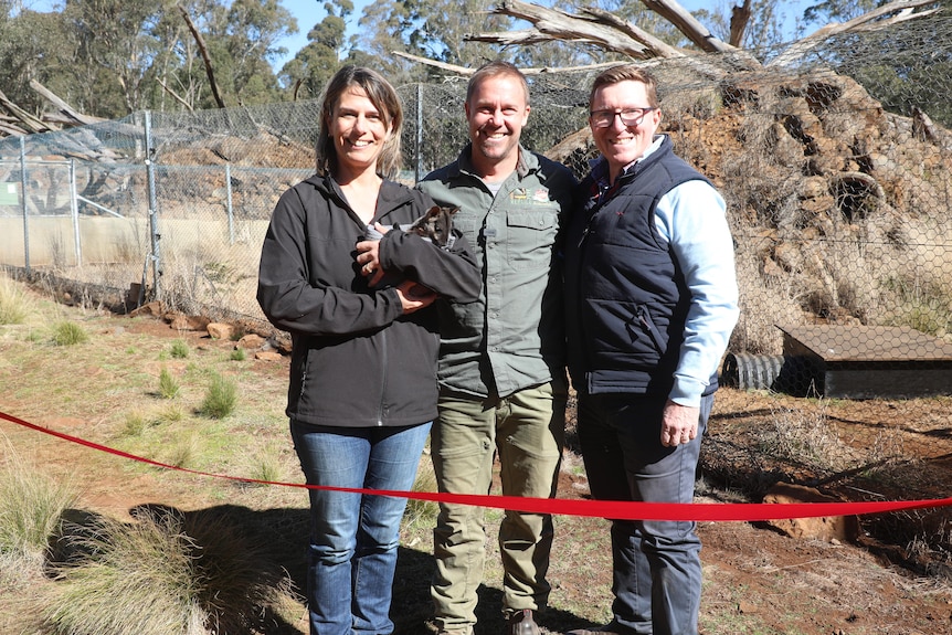 A woman and two men stand at a wallaby breeding enclosure.