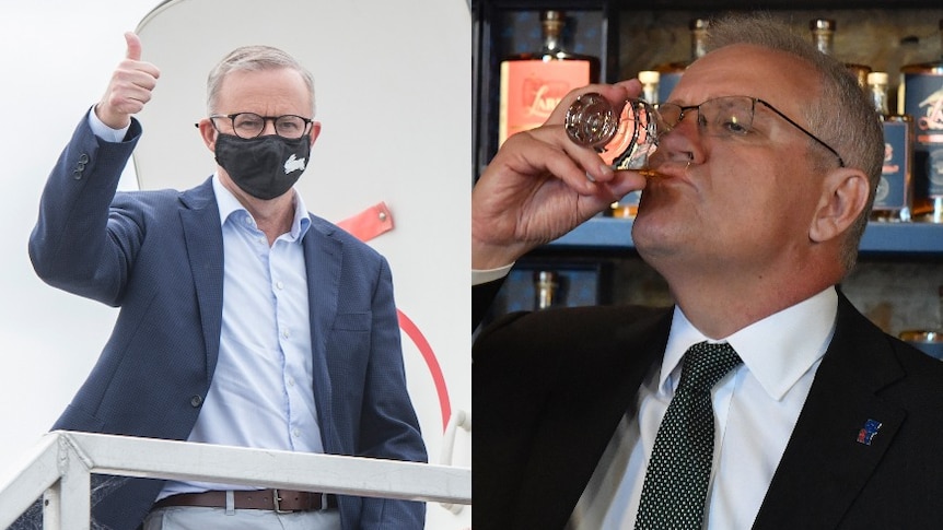 A composite image of Anthony Albanese boarding a plane with his thumb up and Scott Morrison drinking from a small glass.