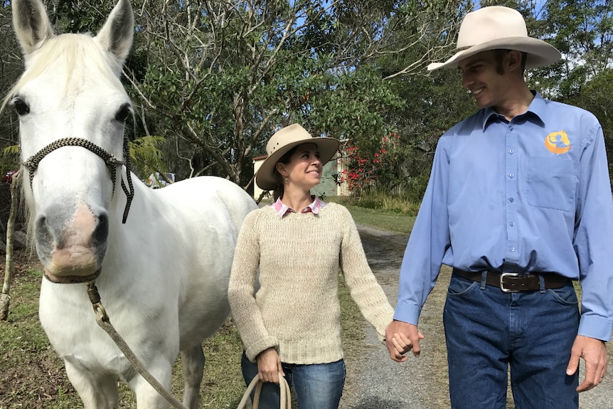 Welsh Arab pony looks at the camera while Linda and Ben Skerrett look at each other.