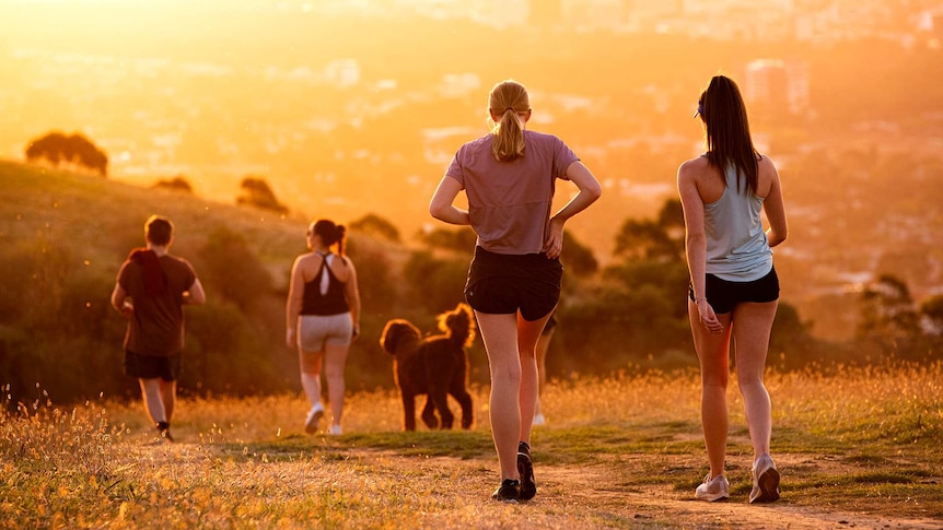 Two groups of people walk a hillside trail with a city in the background at sunset.
