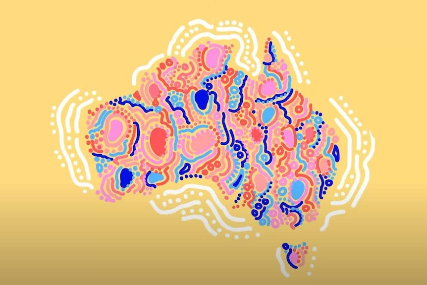 The continent of Australia, drawn in a modern Indigenous style, using pinks and blues, on a yellow background.