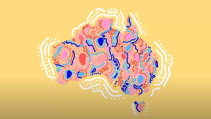 The continent of Australia, drawn in a modern Indigenous style, using pinks and blues, on a yellow background.